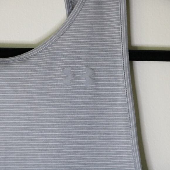 Women's Med Under Armour Lightweight Tank Grey White Pinstripes Open Back - Picture 4 of 7